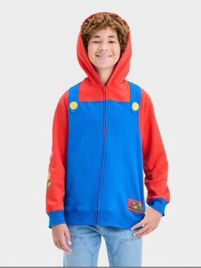 Boys' Nintendo Super Mario Character Zip Hooded Sweatshirt Red Royal Blue L
